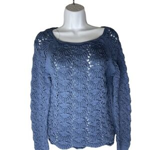 Loft royal blue womens crochet sweater cottage core round neck long sleeve Large